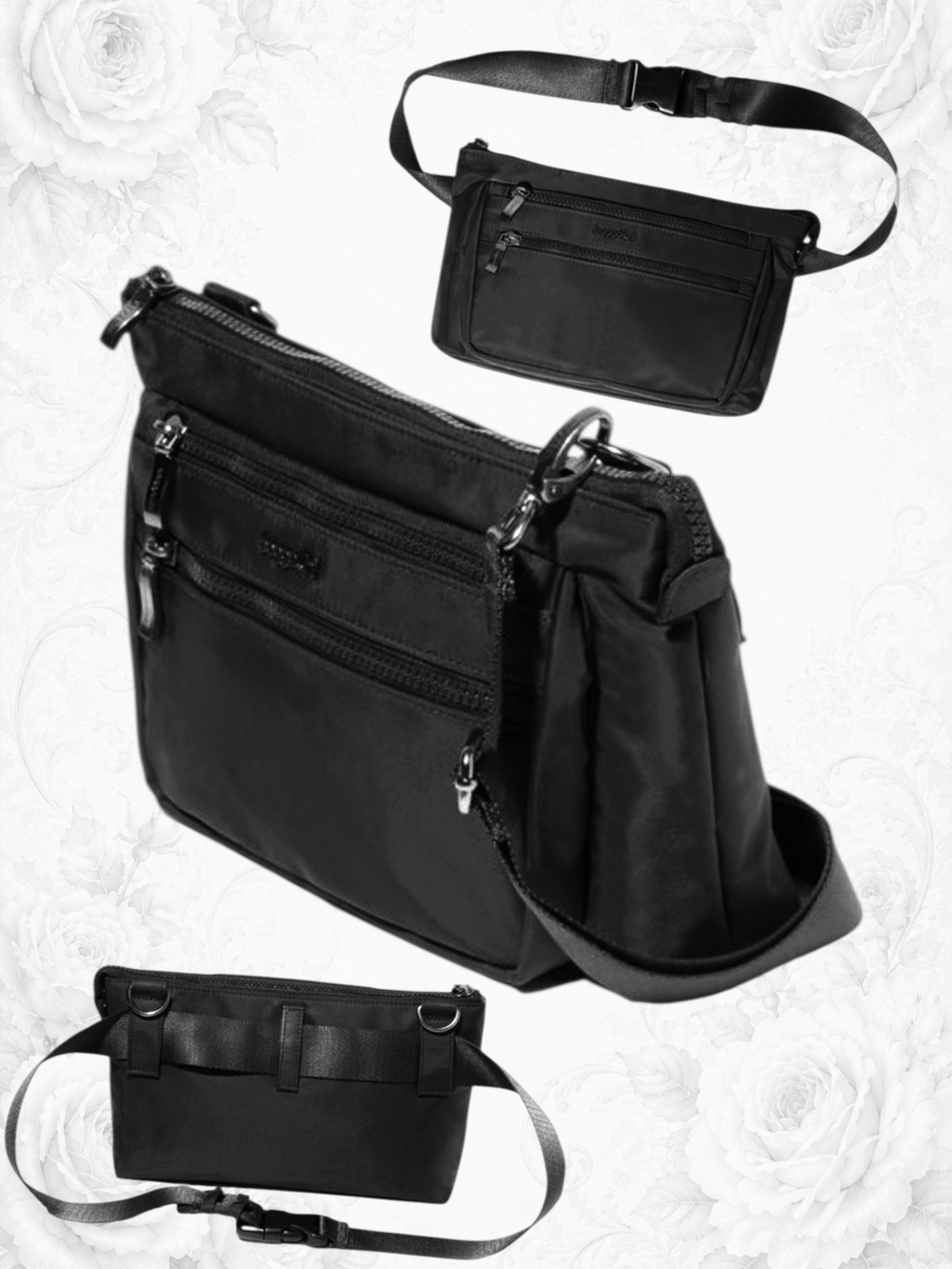 NWT Baggallini Pocket Belt Bag Crossbody RFID Black Waist Pack
